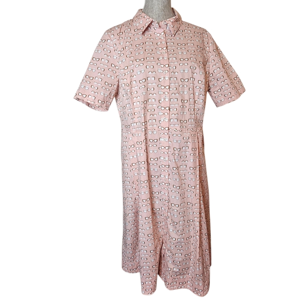 Boden Pink Midi Shirt Dress Size 14 Eyeglass Pattern Whimsical Preppy Eye Doctor - Picture 2 of 14